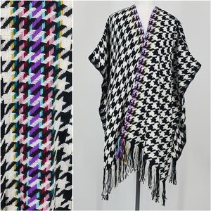 Chico's Houndstooth Fringe Knit Poncho